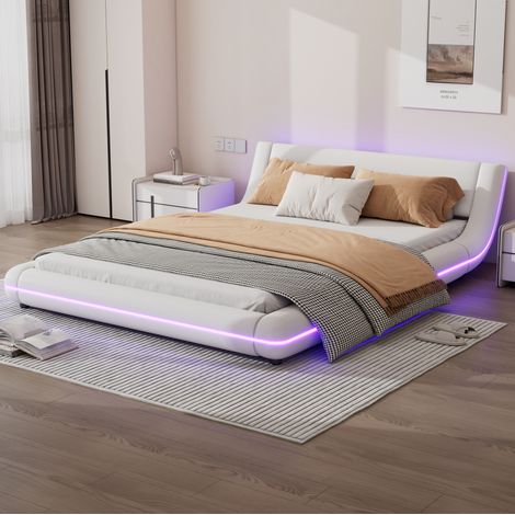 Cama baja de PU y MDF blanca 140x200 cm con iluminación LED y somier de láminas (1/5)