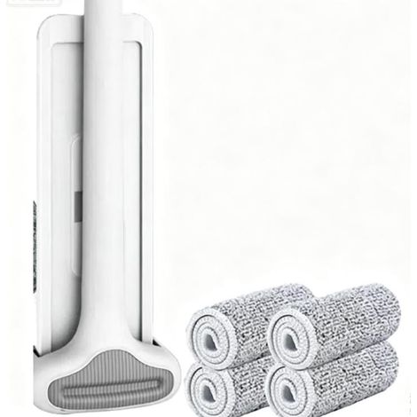Serpillière autotordante microfibre 360° avec 4 chiffons pour sol carrelage parquet blanc beige 32cm (1/5)