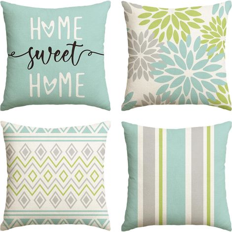 Ensemble de 4 housses de coussin verts aux dahlias géométriques, 40x40 cm, housse de coussin décorative pour le printemps, pour canapé, salon, extérieur, décoration (1/5)