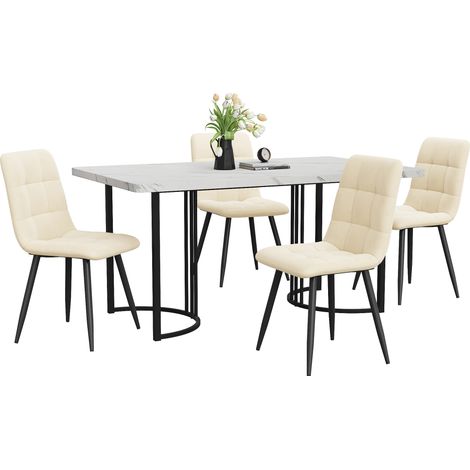 Ensemble table repas 5 pièces 140 x 80 cm avec 4 chaises en velours, plateau effet marbre, pieds métal noirs et patins réglables, idéal cuisine moderne  CHICFURN (1/5)