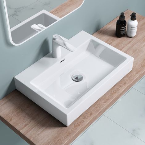 doporro Lavabo da Appoggio Rettangolare, Lavabo Bagno Sospeso con Foro Rubinetto e Troppopieno, Lavandino in Marmo Resina Bianco Lucido 60x42x10cm, Colossum06
