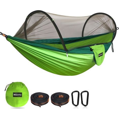 Hamac de Camping Ultra-léger Hamac en Filet Anti-moustiques Capacité de Charge de 300 kg,Nylon de Parachute Respirant à séchage Rapide 2 mousquetons Haut de Gamme,2 x élingues en Nylon (1/5)