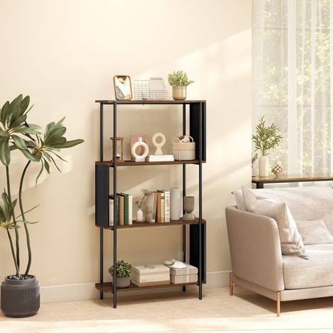 Bibliothèque 4 étagères marron, 80x30x141cm, meuble de rangement avec panneaux latéraux incurvés, cadre en métal (1/5)
