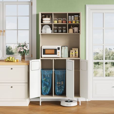 Armoire à ordures 80x35x181 cm blanc clair 3 portes,emplacement poubelle micro-ondes et rangement aspirateur cuisine.