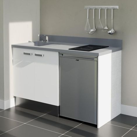 Kitchenette K17L - 140 cm - plan monobloc évier intégré Cromo- évier à gauche - Façades Blanc + Electroménager inclus coloris Inox