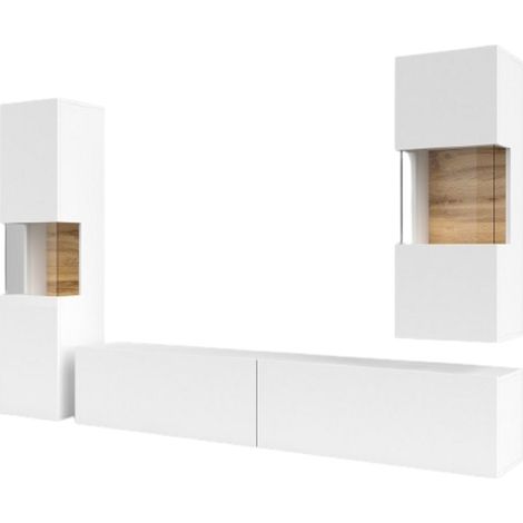 Set aus 3 Möbelstücken für das Wohnzimmer, Kollektion EVA. Farbe Weiß und Eiche.