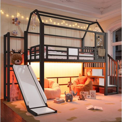 Cama alta infantil 90x200 cm negra de metal y MDF con tobogán, LED Bluetooth y escalera con almacenamiento (1/5)