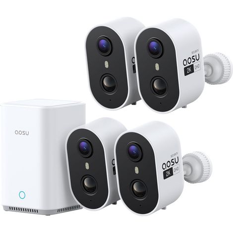 2K Caméra Surveillance WiFi Extérieure sans Fil, Kit 4 Caméras Base 2.0 32 Go, Sans Abonnement Requis, Extensible jusqu’à 1 To, Vision Nocturne Couleur, IA PIR Personnes/Véhicules