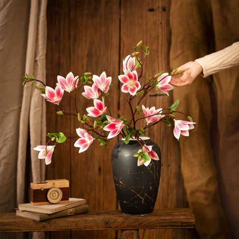 Set aus 7 hellrosa Magnolienzweigen, 100 cm lang, mit Drahtstiel, Gummiblüten, Stoff- und Silikonblättern (1/5)