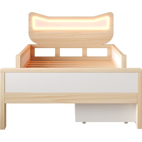 Letto bimbi 90x200 cm con testiera gatto LED RGB, cassetto modulabile, sponde, bianco rovere (1/5)