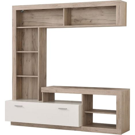 Pared equipada Moggio, mueble de salón 7 estantes, una puerta, conjunto modular, marrón roble gris
