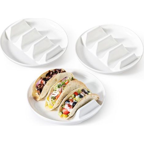 Ensemble de trois supports à tacos : assiettes à tacos en céramique de 23 cm avec séparateur, pour tacos durs et mous. Assiettes réutilisables et antidérapantes. Compatibles lave-vaisselle. (1/5)