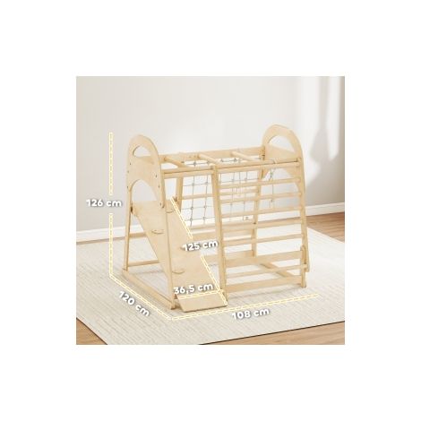 Structure d escalade intérieure en bois 6-en-1 avec toboggan, mur d escalade, échelle et filet pour chambre et salle de jeux (1/5)
