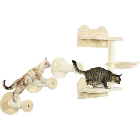Sprungturm & 3 Kratzbäume, Kletterwand Mit Hängematte, Beige+Cremeweiß