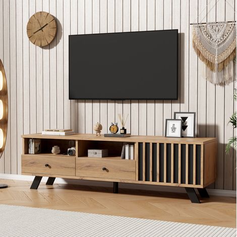 Meuble TV en panneaux de particules bois naturel et noir 150 x 38 x 44 cm, 2 tiroirs, 1 placard, 2 niches, 45 kg (1/5)