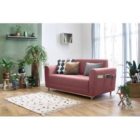 Bobochic – Canapé droit convertible 3 places déplimousse – Largeur de couchage 132cm – Longueur de couchage 198cm – Style moderne – Tissu rose (1/5)