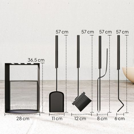 Set de cheminée 5 pièces, accessoires foyer avec balai, pelle, tisonnier et pincettes, support en métal noir, kit complet pour poêle à bois. (1/5)