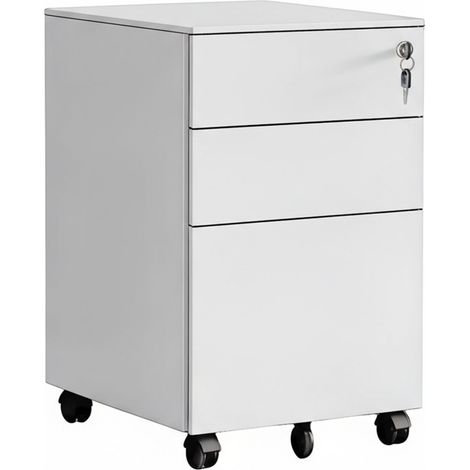 Relaxdays Cajonera con ruedas, 3 cajones, 60 x 39 x 52 cm, cerradura, archivador metálico, blanco