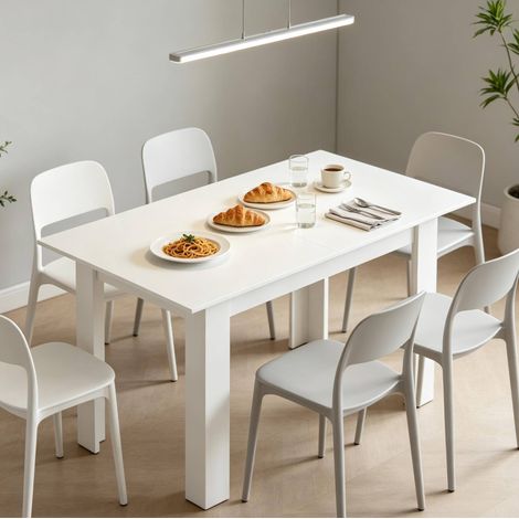 Ausziehbarer Esstisch 180x80x75 cm, 6 bis 8 Sitzplätze, Stahlgleitschienen, MDF, Weiß (1/5)