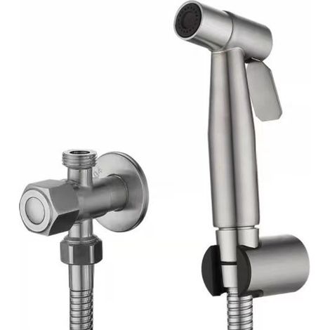 Manufacturer's cross-border e-commerce product: 304 stainless steel toilet companion bidet spray gun set, high-pressure booster nozzle – 304 spray gun + 1.5-meter hose + wall mount + dual-outlet angle