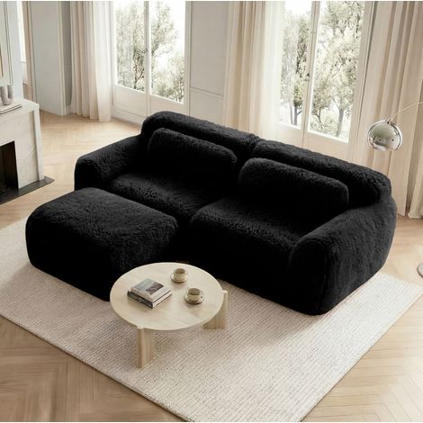 Divano modulare 2 posti in plush nero, configurazione a L o lineare, senza montaggio (1/5)