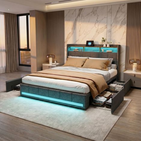 Lit avec tiroirs 140x190 cm - cadre de lit double avec led et rangement de chevet - sommier à lattes - ports usb/type-c - lin - gris