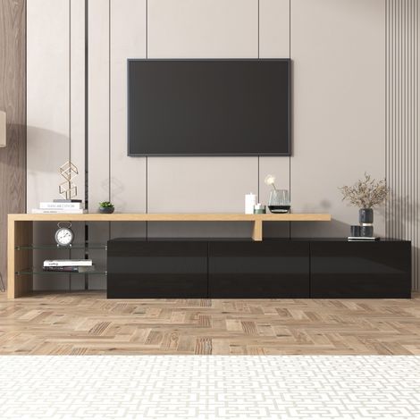 Meuble TV 197,5 x 39 x 42 cm avec LED, 3 portes, étagères en verre, noir et bois DESVIAE (1/5)
