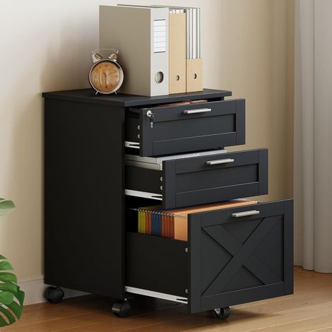 Caisson de bureau mobile 3 tiroirs avec serrure, bois pour dossiers A4, Noir (1/5)