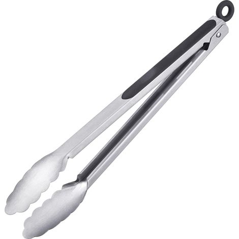 Pinzas para asar y servir, con mangos de acero inoxidable y empuñaduras de goma, longitud: 34 cm, acero inoxidable/plástico, plata/negro