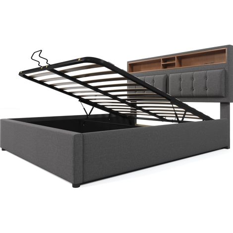 Cama doble 140x200 de lino gris con cabecero регулируable, almacenaje y puertos USB Type-C (1/5)