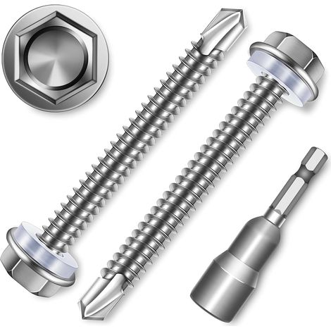 Lot de 20 vis à tôle M6,3 x 90 mm en acier inoxydable 410 pour toiture Vis autotaraudeuses avec rondelles d'étanchéité et embout à douille, vis à tôle trapézoïdale pour métal et bois (1/5)