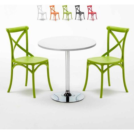 Table ronde blanche 70x70cm Avec 2 Chaises Colorées Intérieur bar café Vintage Long Island - Vert (1/5)