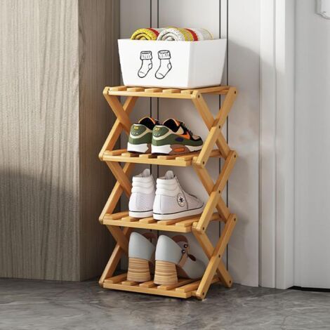 Étagère à chaussures pliable en bambou à 4 niveaux, petite taille, montage facile, étagère à chaussures verticale pliable en bois pour les espaces étroits, étagère à chaussures pour couloirs, chambre, (1/5)