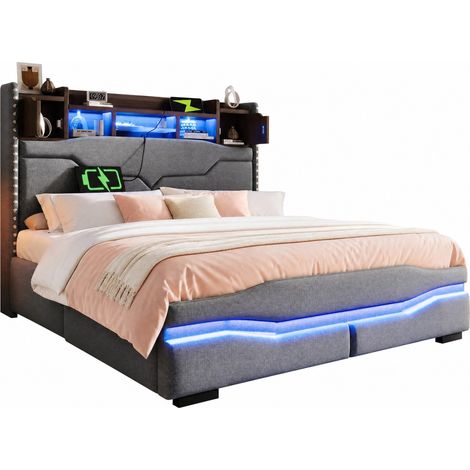 Cama tapizada 140x200 con almacenaje hidráulico, luces LED ambientales, puertos USB y enchufe, en tela gris y estructura de MDF, para dormitorio moderno CHICFURN (1/5)
