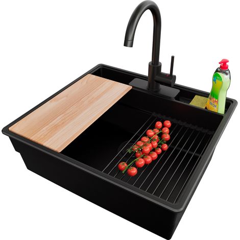PRIMAGRAN Evier Cuisine en Granit 58x53cm,Lavabo 1 bac + Robinet 32x20cm + Kit de Vidage + Accessoires, Évier à Encastrer au meuble 60cm - New York, Tout Noir (1/5)