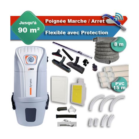 Aspirateur central SACH VAC Dynamic 1.6 kW garantie 4 ans + flexible rétractable 8 m avec housse de protection + poignée marche/arrêt + 7 accessoires + kit 1 prise RETRAFLEX + kit prise balai (rayon d (1/5)