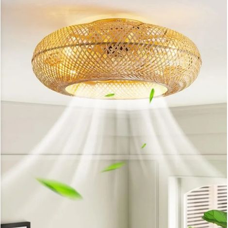 Ventilateur de plafond 6 Vitesses 50cm Silencieux  Rotin Naturel Tissé Lampe de Plafond pour Salon Chambre Salle à Manger Lumière (1/4)