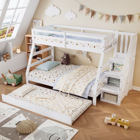 Letto a castello 90x200cm+120x200cm con letto estraibile, Letto per bambini con scaletta contenitore e protezione di sicurezza, rete a doghe in legno, Pino, Bianco (1/5)