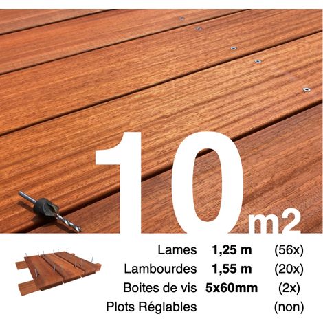 Kit terrasse bois exotique PADOUK pour 10 m² • Lames 1,25 m, lambourdes 1,55 m et visserie Inox • Livraison gratuite (1/4)
