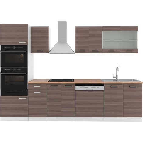Cuisine R-Line, gris noble/blanc, 300 cm avec armoire haute, PT Chêne, Vicco