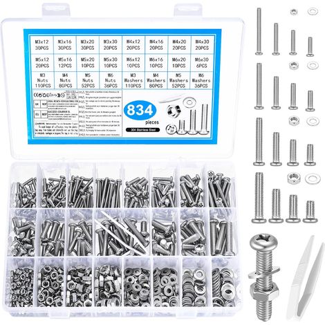 834 Pcs Boulon M3 M4 M5 M6, Vis et Écrous, Vis à Tête Ronde Cruciforme et Rondelles, Assortiment de Boulons et Écrous en Acier Inoxydable, Visserie Inox (1/5)