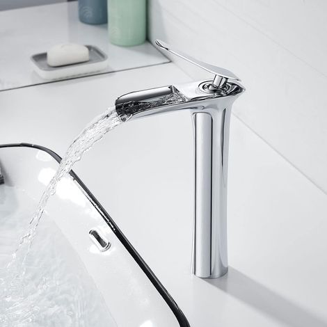 Ikodm – Robinet mitigeur lavabo cascade haut – Laiton H59 – Finition chromée – Hauteur 235mm – Économie d'eau jusqu'à 30% (1/5)