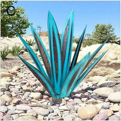 Metallene Gartenfigur in Form einer Agave - Rustikale Metallskulptur - Rustikale Gartenstatue - 35 cm, 9 Blätter (blau) (1/5)