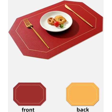 Set de 6 sets de table et dessous de verre en similicuir lavable, nappes imperméables en PVC 43x30 cm pour maison, cuisine, restaurant et hôtel, rouge et jaune (1/5)