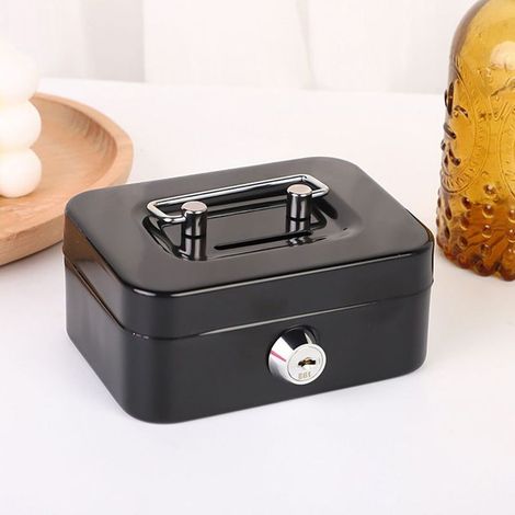 1 Safe mit Schlüssel, robustes Metall, kleiner abschließbarer Sicherheitskasten, schwarz, ideal für Zuhause und Büro (1/5)