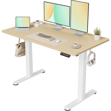 Höhenverstellbarer Schreibtisch 120x60 cm Standing Desk Weiß/Beige (1/5)