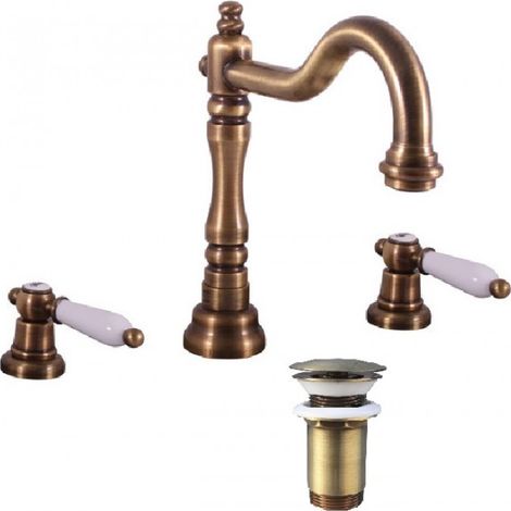 Mélangeur lavabo rétro 3 trous MORAVA avec bonde laiton bronze (1/5)