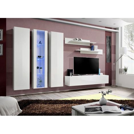 Ensemble meuble TV mural - Fly IV - 310 cm x 190 cm x 40 cm - Blanc - Livraison gratuite