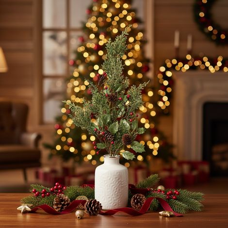 Rametto natalizio con bacche rosse glitterate e pigne, decorazione da h 50 cm (1/4)