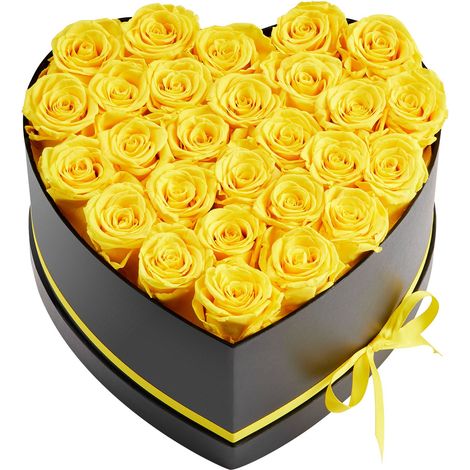 Fleurs éternelles, 27 roses préservées en boîte cœur, bouquet immortel, cadeau pour femme, mère, mariage et Noël, jaune (1/5)